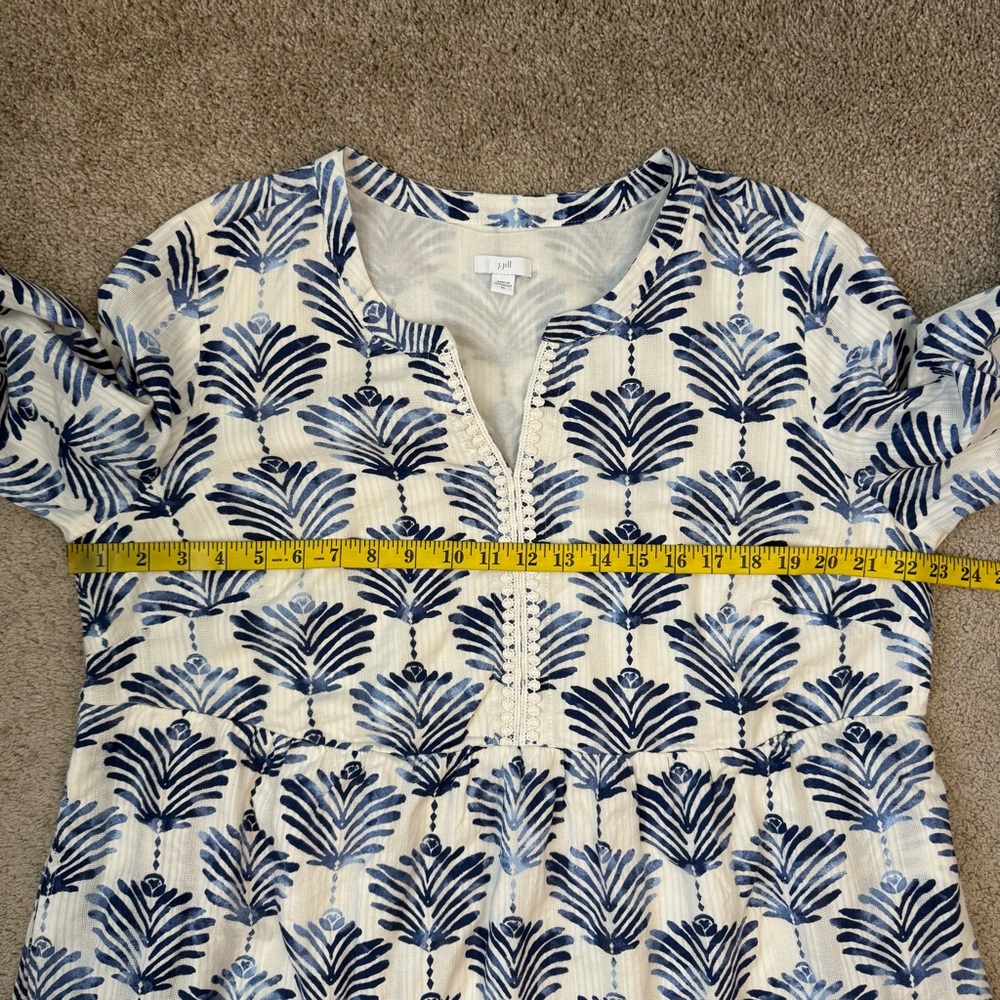 J. Jill Printed Split Neck Cotton Dress White Blue XL Coastal - Picture 8 of 9
